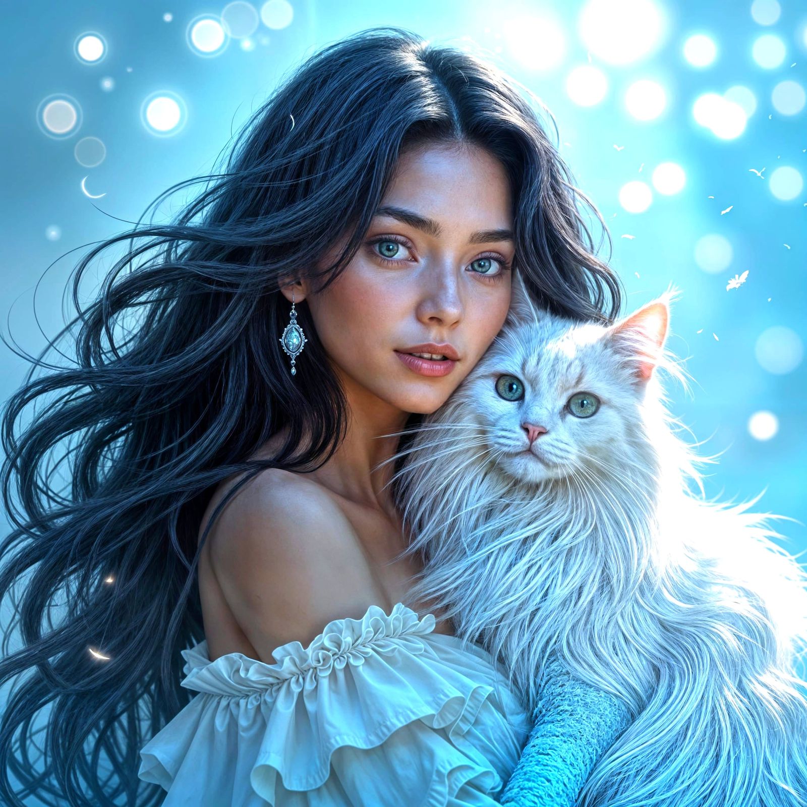 Dreamlike Woman and Cat with Flowing Hair