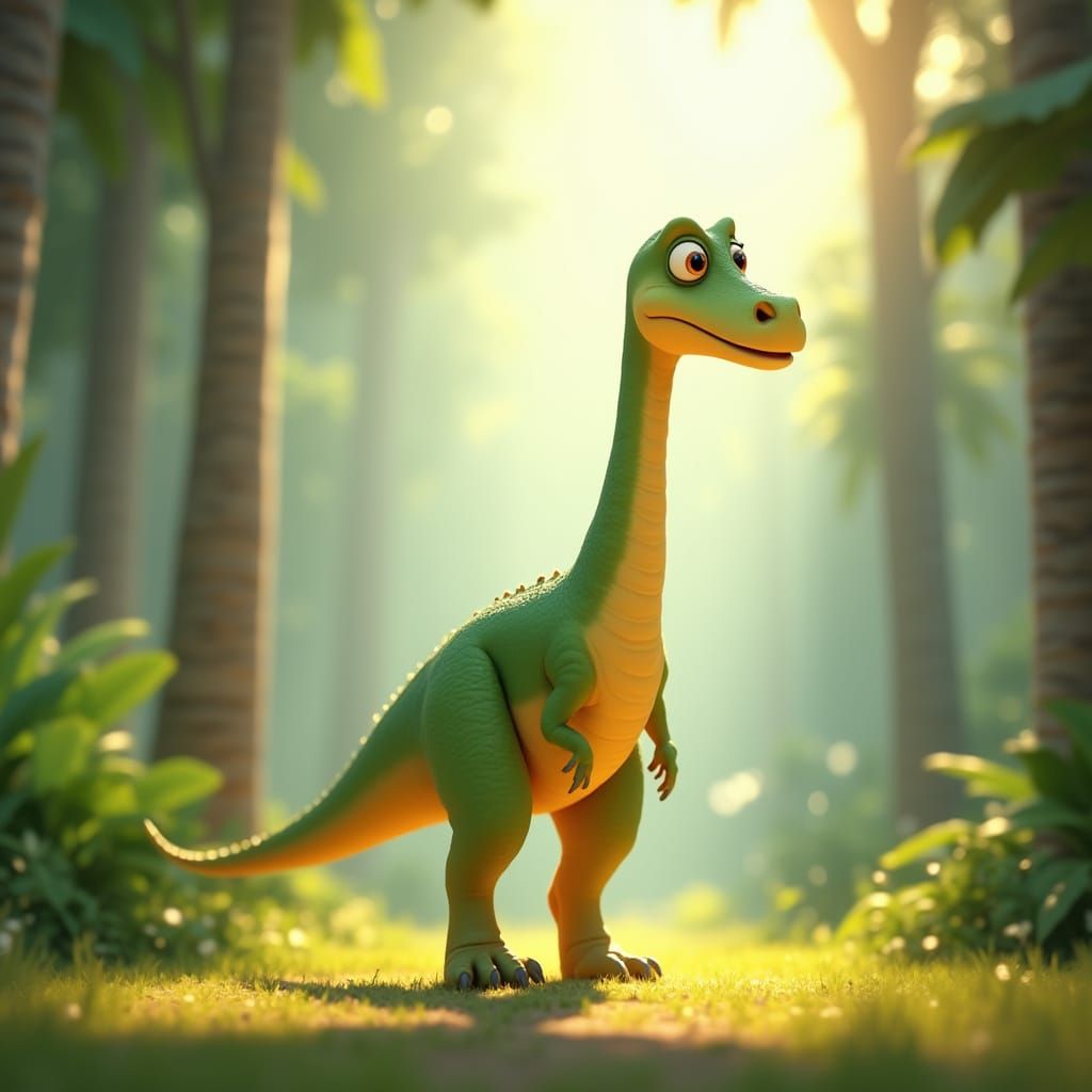 Long-Necked Dinosaur in a Vibrant, Sunny Clearing