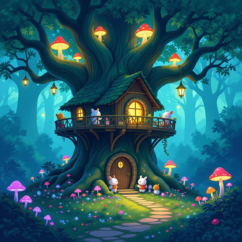 Enchanted Treehouse Village with Luminous Flora