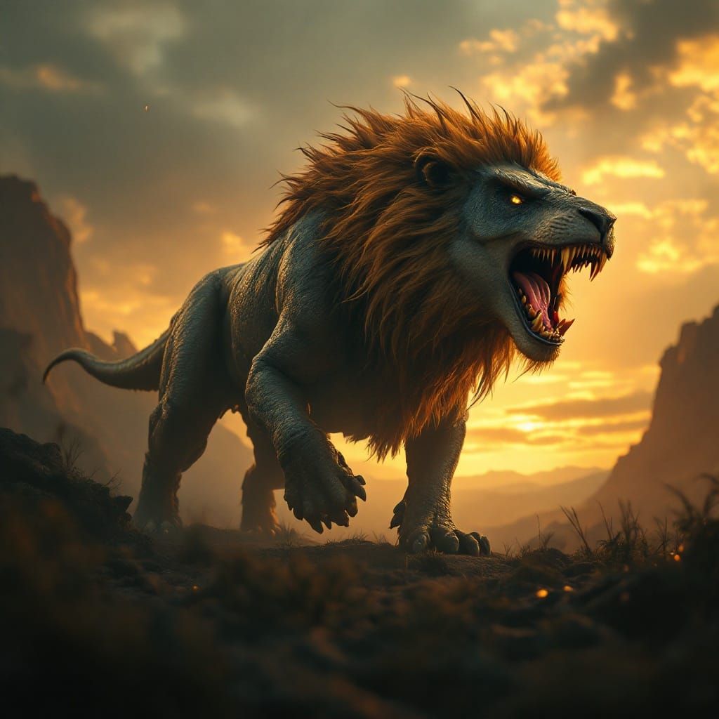 Majestic Lion and T-Rex Hybrid in Cinematic Light