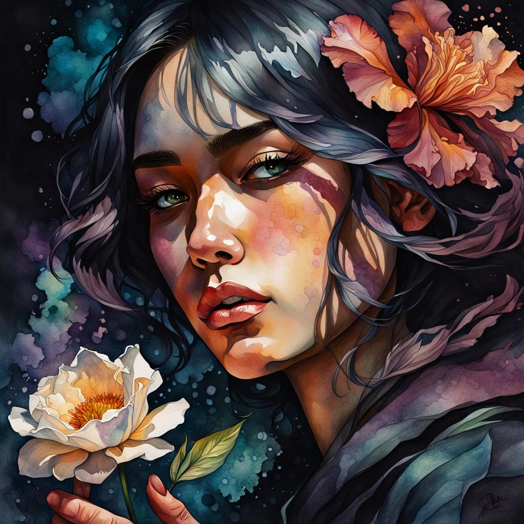 Brooding Teenager with Flower, Watercolor Art Portrait
