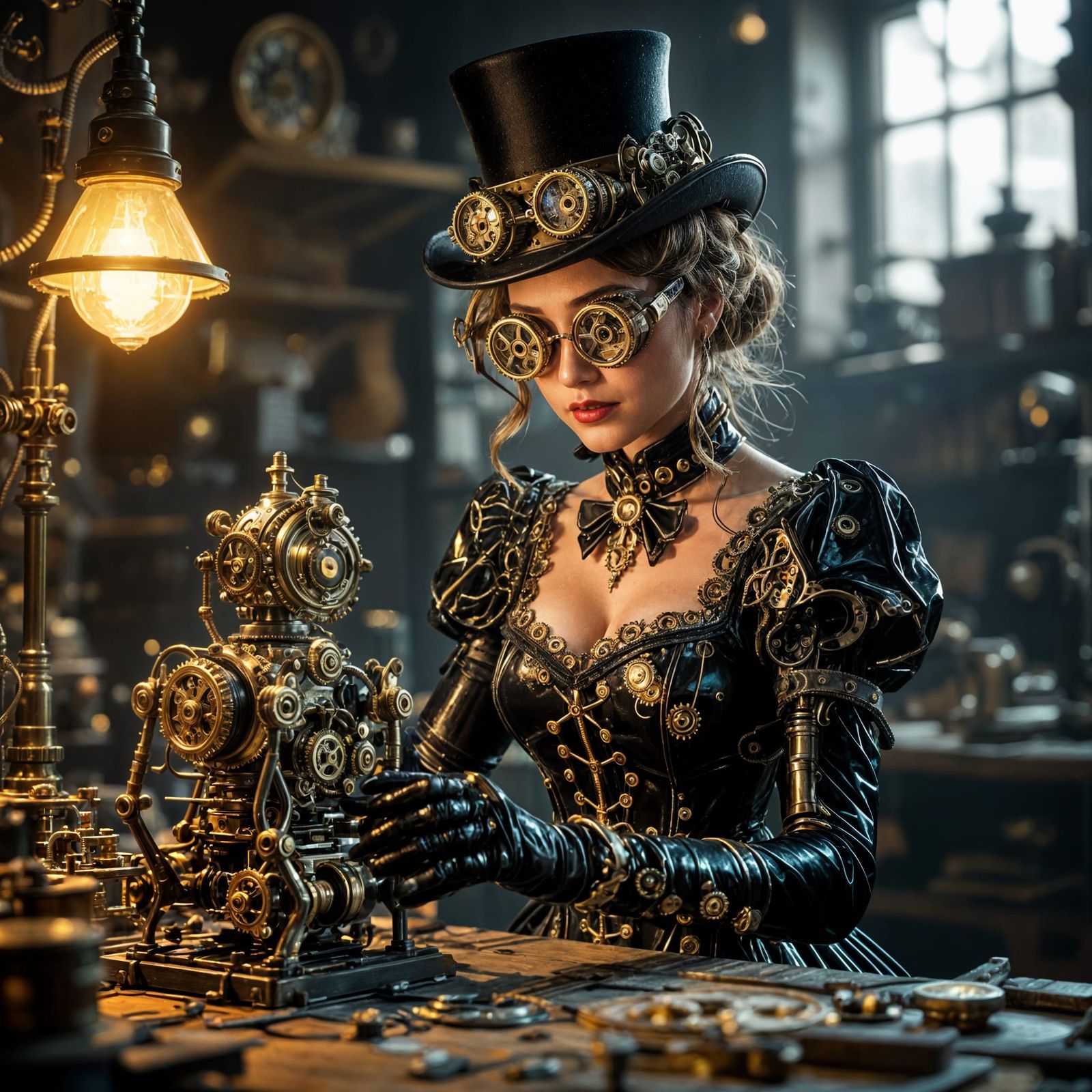Steampunk Inventor in Shiny Cog Dress, 8k
