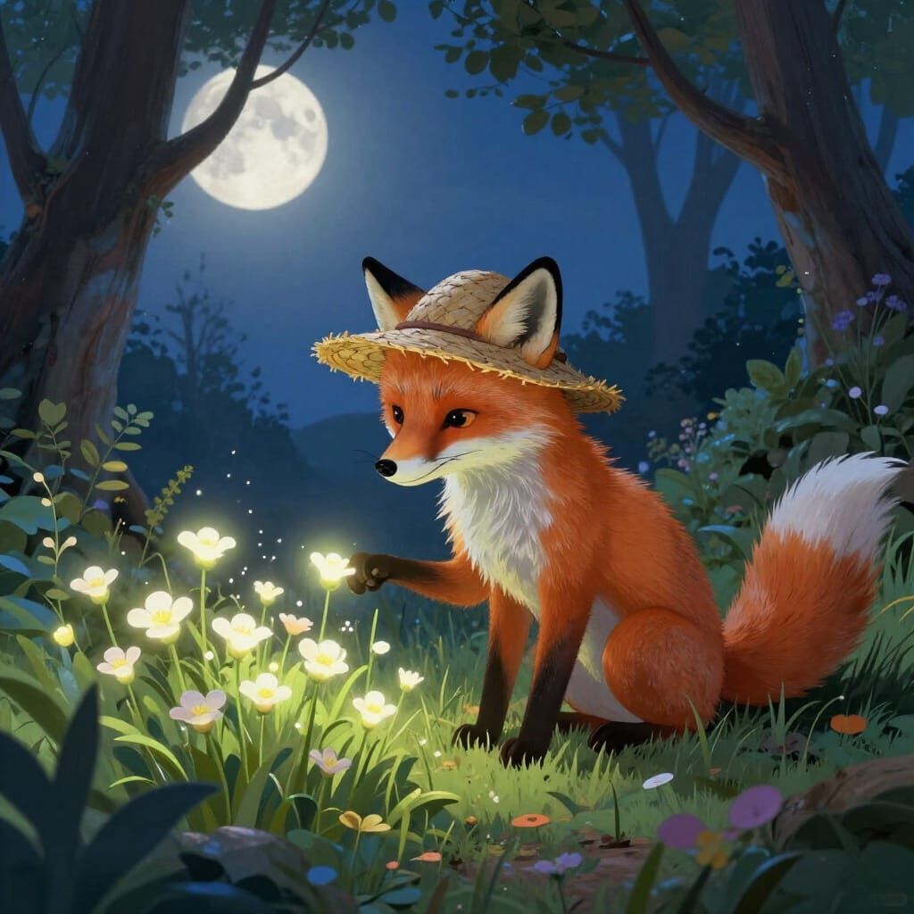 Fox Tends Glowing Moonpetals in Enchanted Forest