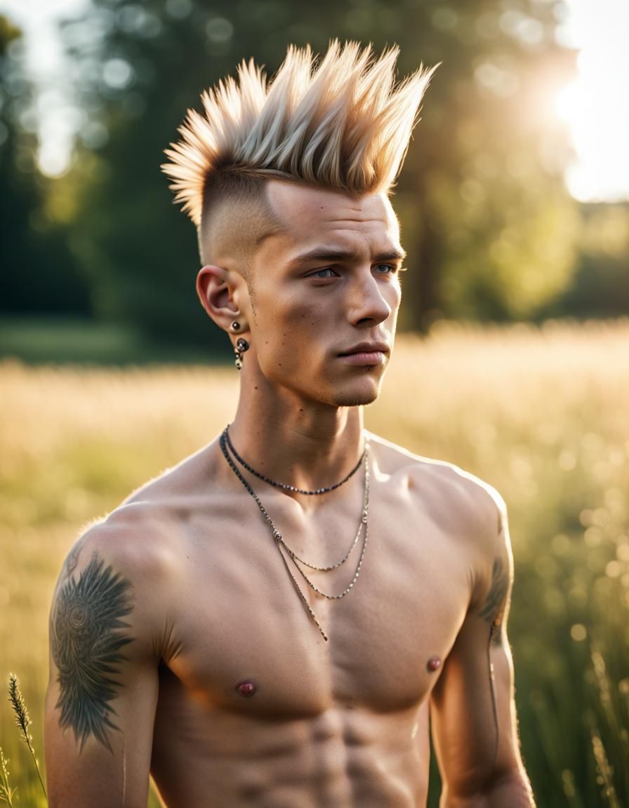 Muscular Boy with Mohawk in Sunlit Meadow