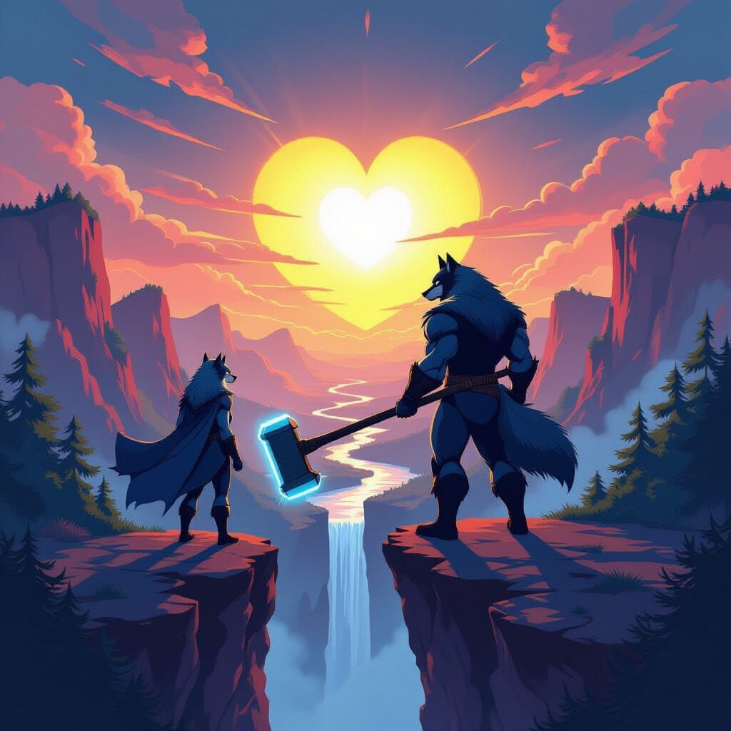 Werewolf Superhero Gazes at Sunrise in Anime Style