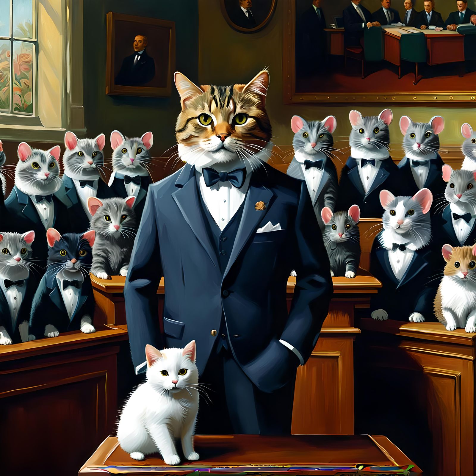 Cat Teacher Giving Lecture to Mice Students