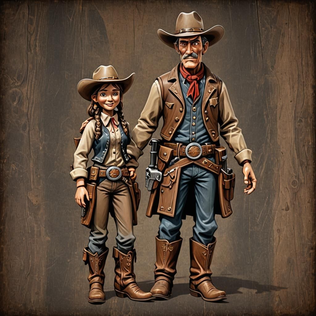 Cartoon Cowboy and Cowgirl Wood Carving
