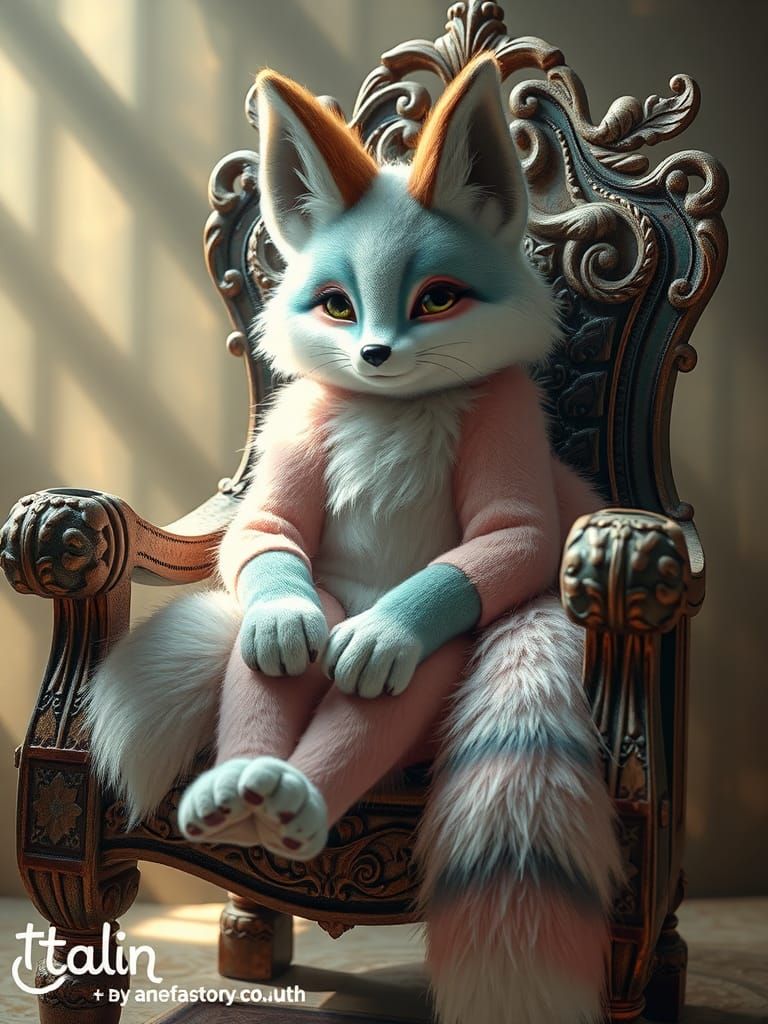 Pastel Fox Fursuit on Ancient Carved Chair