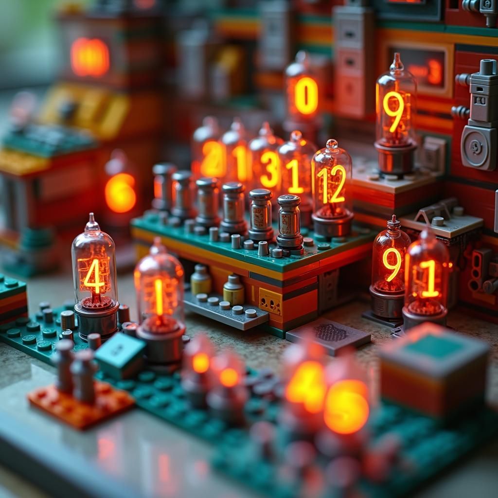 Retro-Futuristic Lego Set with Colorful Nixie Tubes
