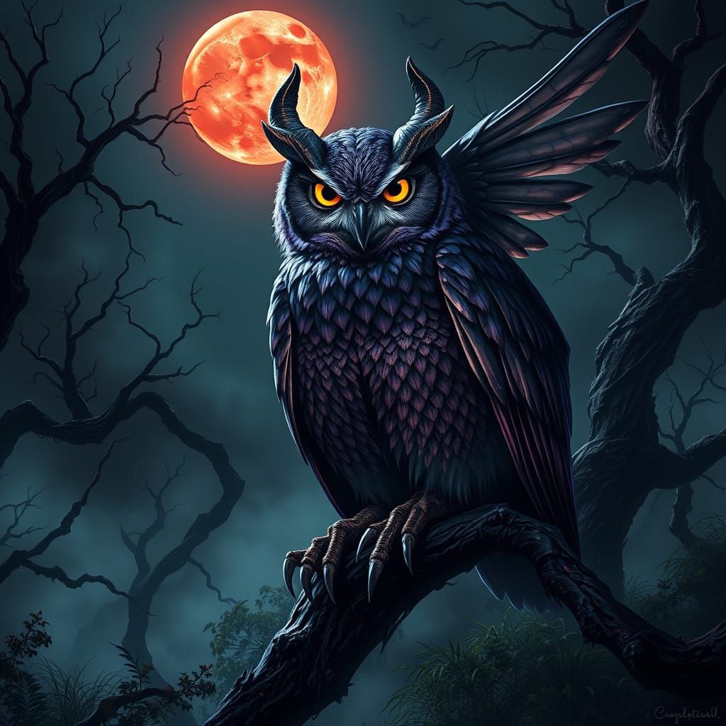 Dark Fantasy Owl with Demon Horns and Claws under Blood Moon