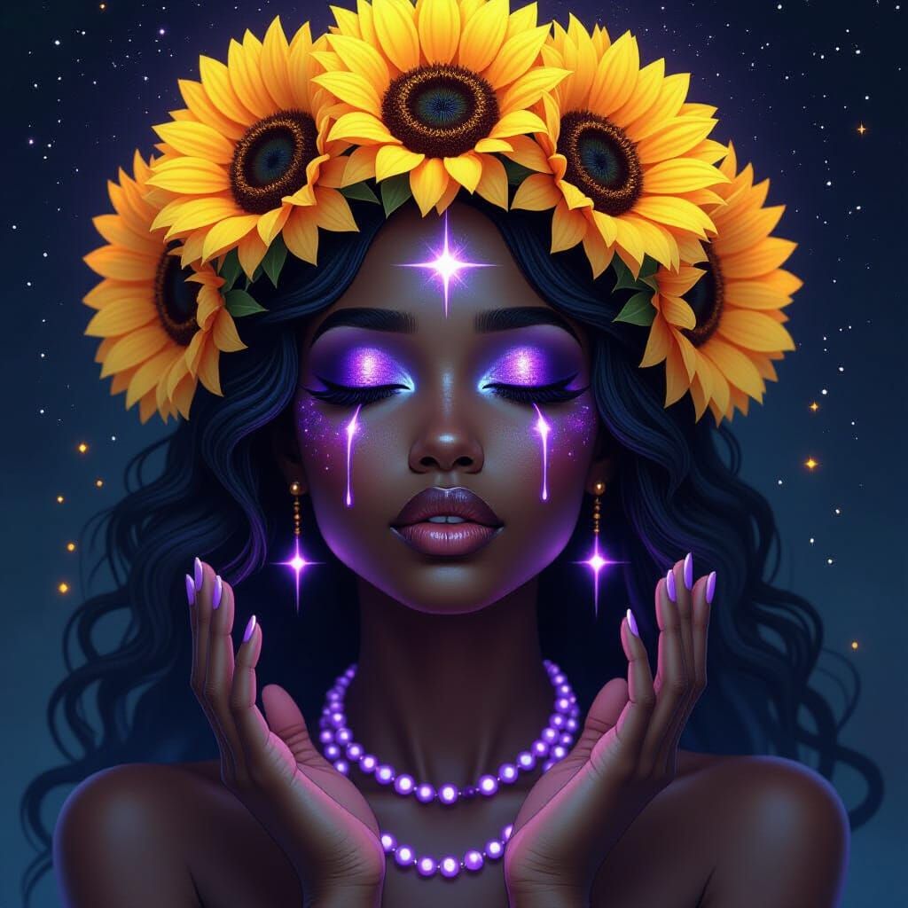 African Goddess with Cosmic Aura and Starlight Tears