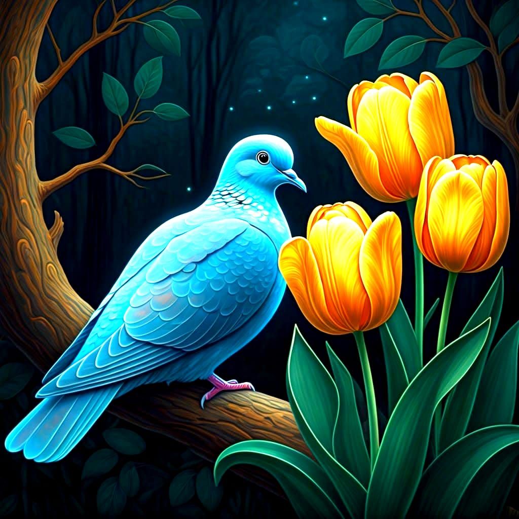 Bioluminescent Dove with Golden Tulips at Night