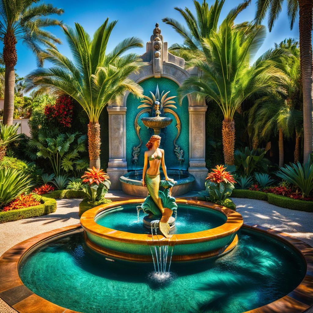 Art Deco Mermaid Fountain in Shaded Garden