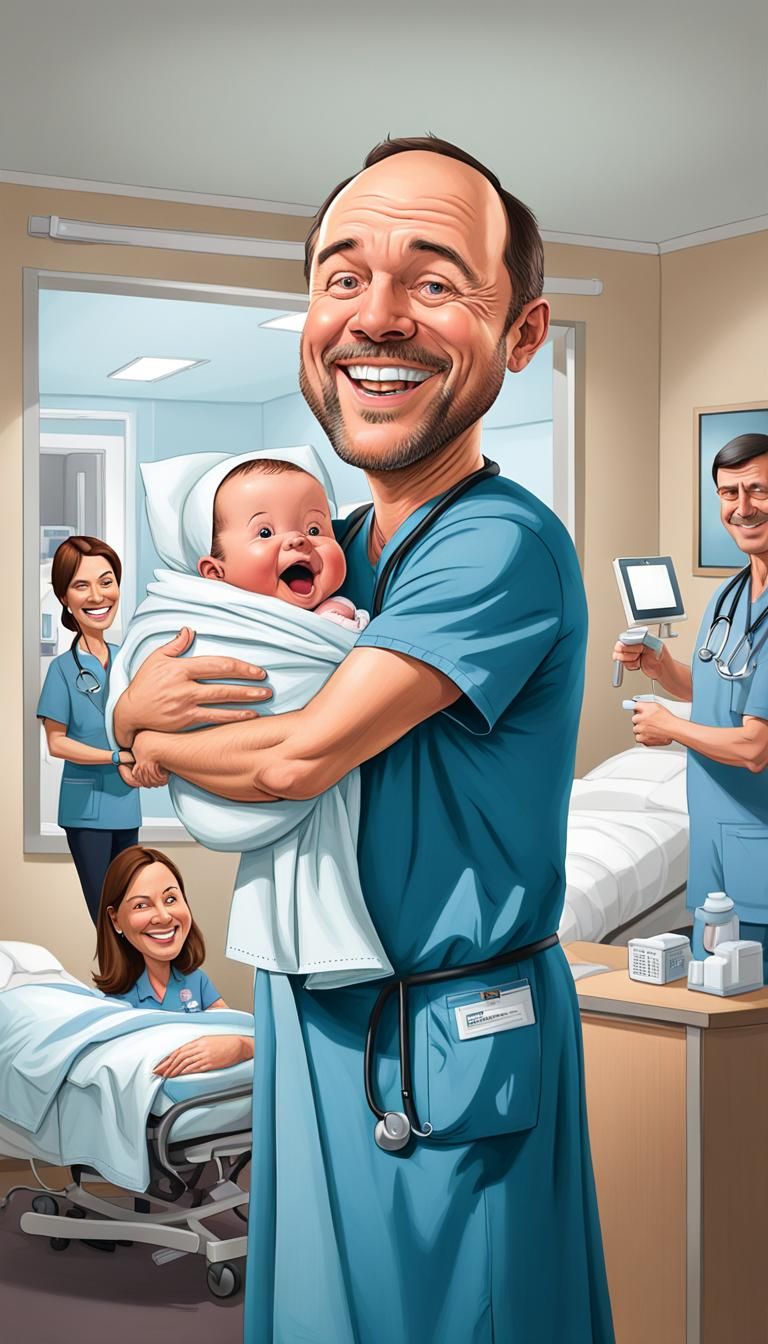 Father and Newborn Baby Caricature: First Meeting