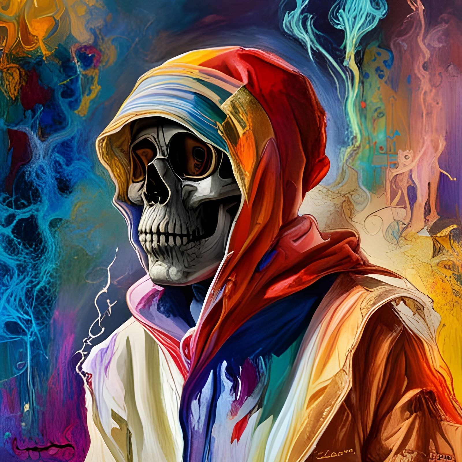 Rainbow Smoke Skull in Hoodie, Eerie Collage