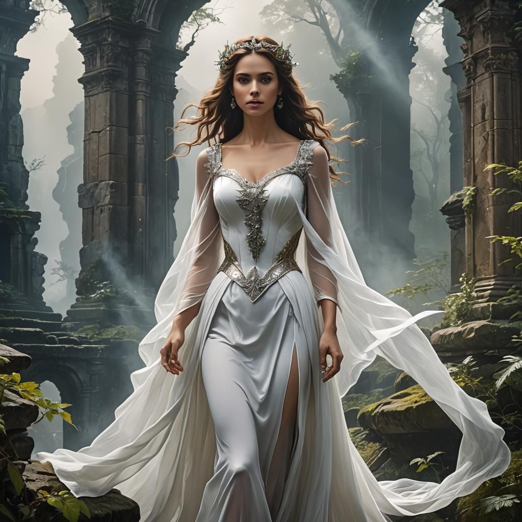 Ethereal Phantom Woman in Fog-Shrouded Ruins