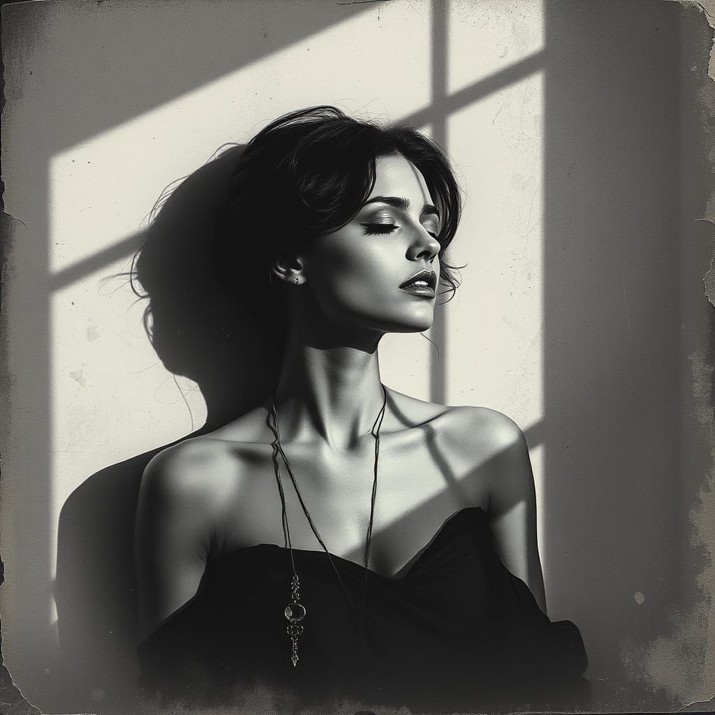 Contemplative Woman in Shadows, Minimalist Conceptual Art