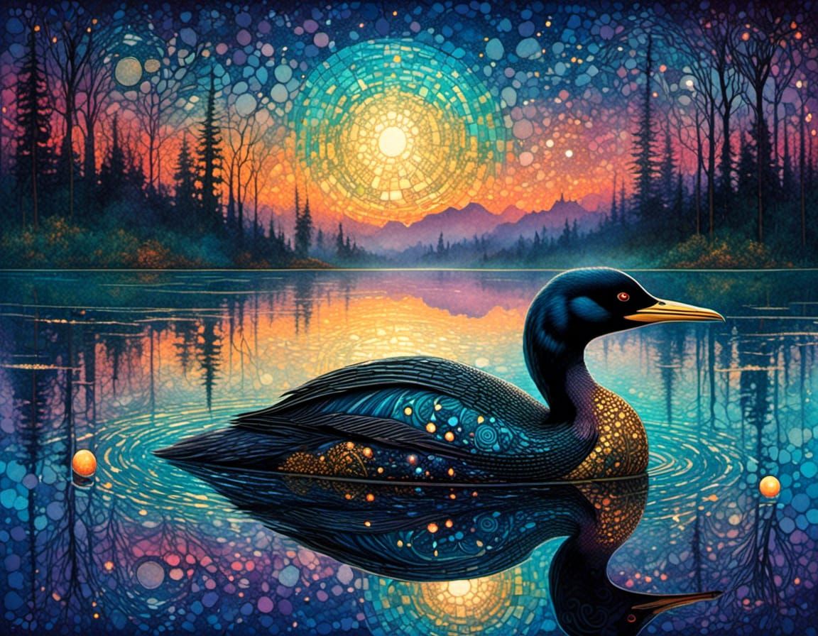 Whimsical Loon on Misty Lake Under Blue Hour