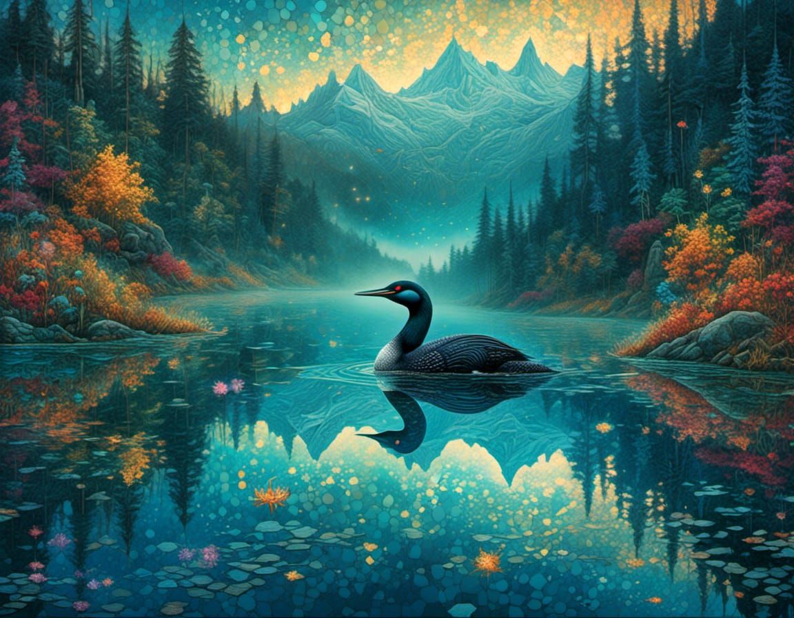 Serene Loon in Dreamy Lake Scene with Vibrant Stars and Gold...
