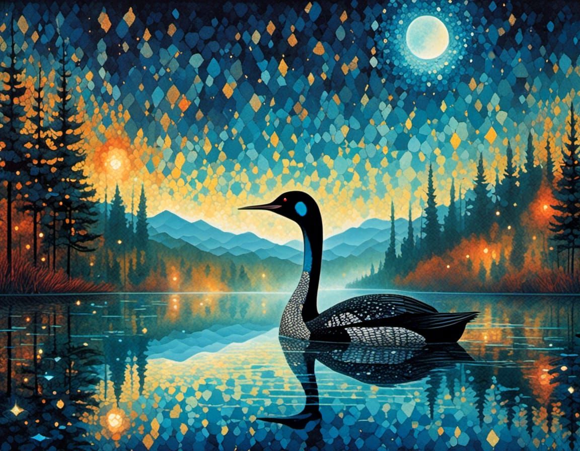 Loon on Misty Lake: Vector Art at Blue Hour