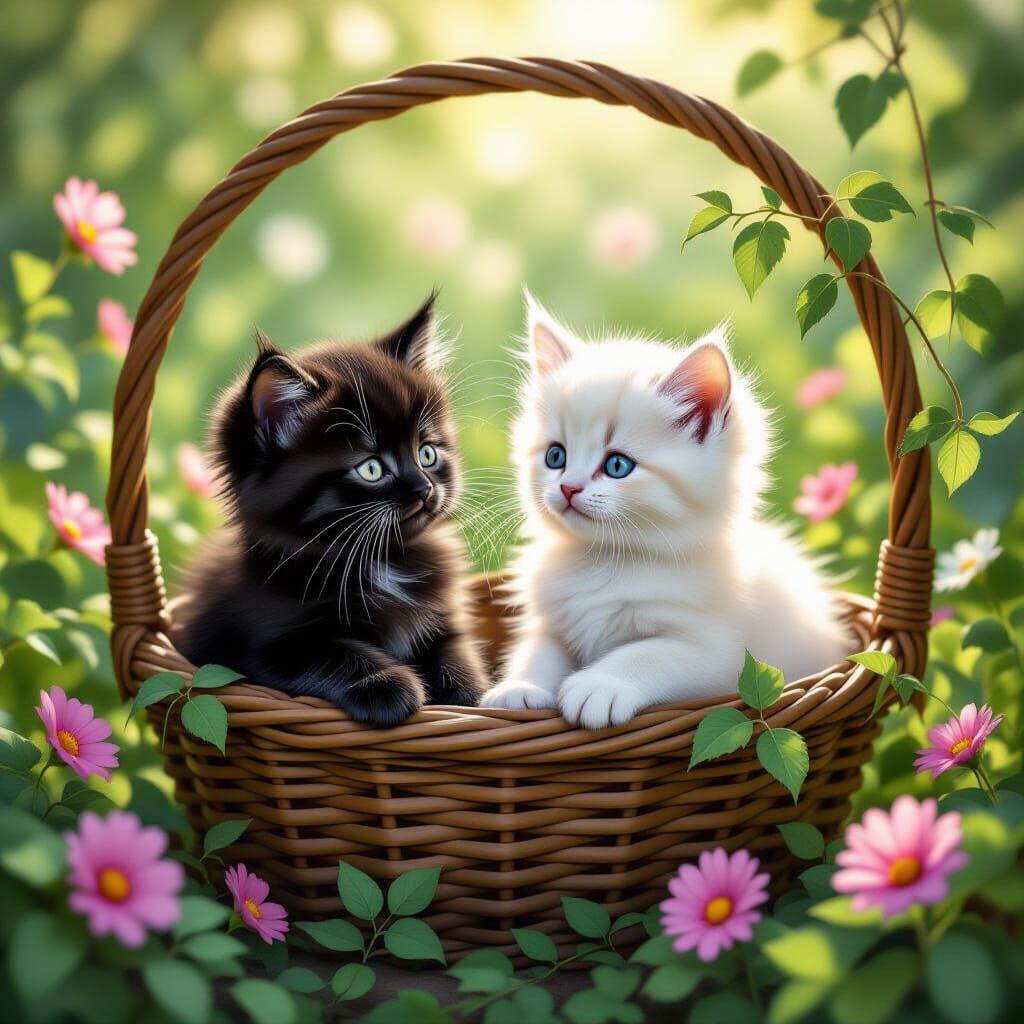 Kittens in Flower Basket: Whimsical Garden Illustration