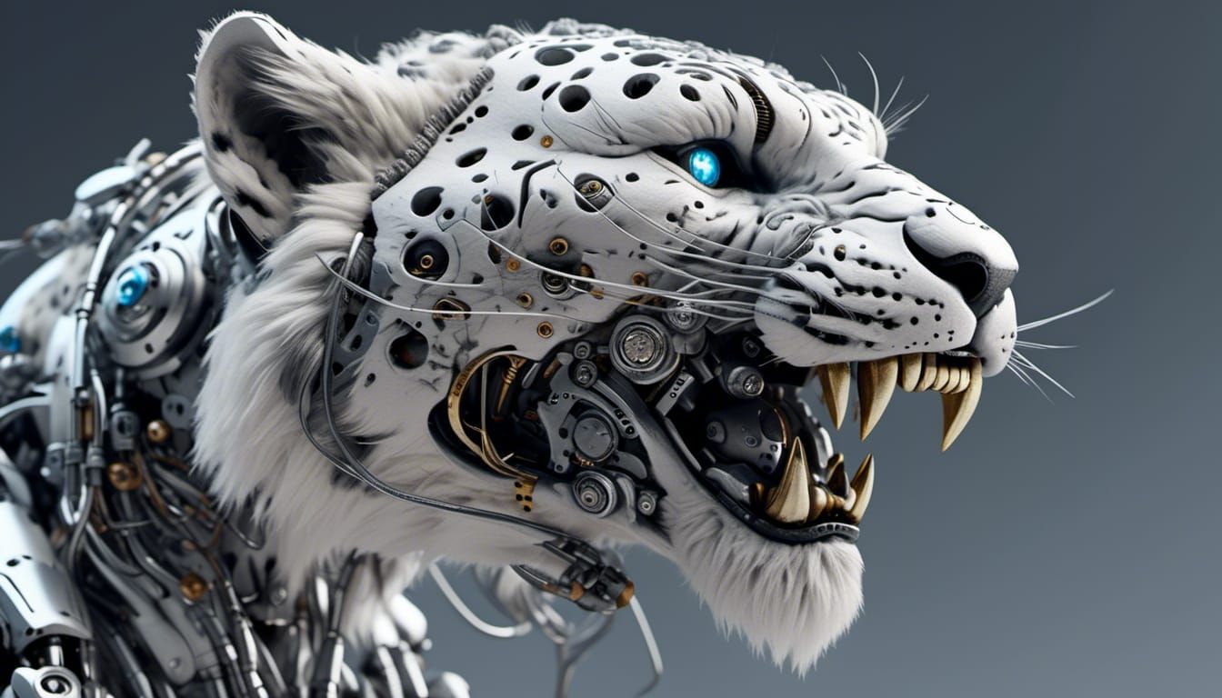 Angry Snow Leopard Cyborg with Glowing Eyes
