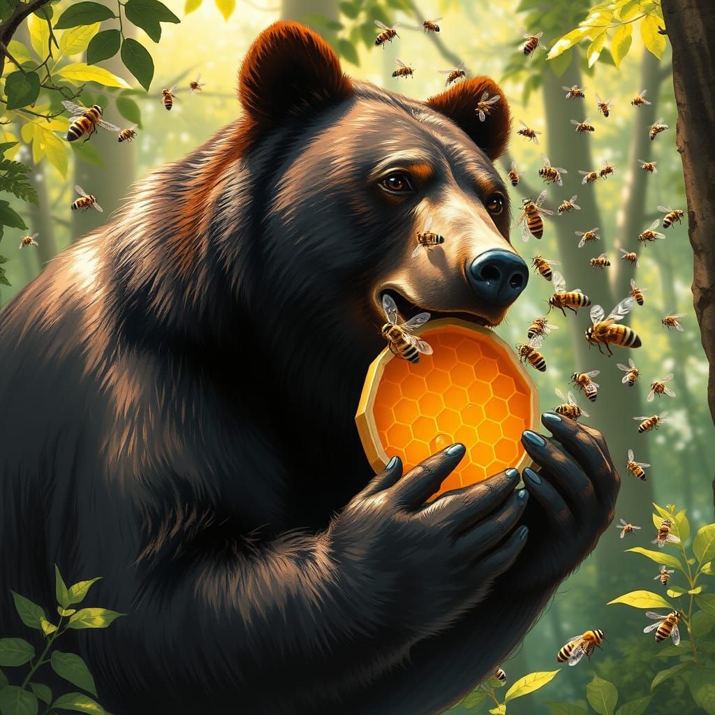 Majestic Black Bear Robs Honeycomb in Vibrant Forest Scene, ...