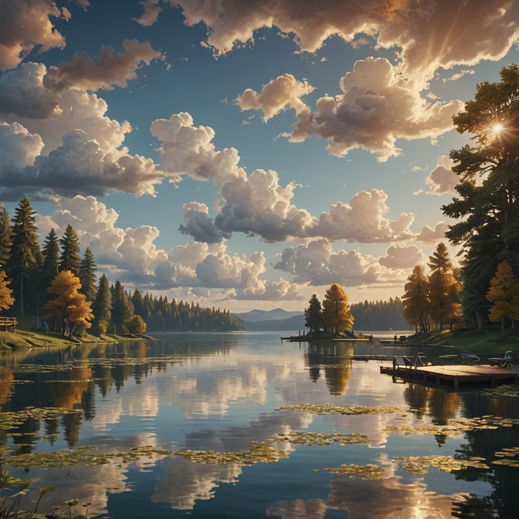 Hyperrealistic Sunset Lake Scene with Golden Light