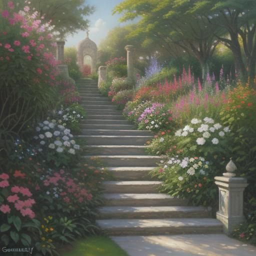 Azalea Garden Pathway in Oil Painting Style