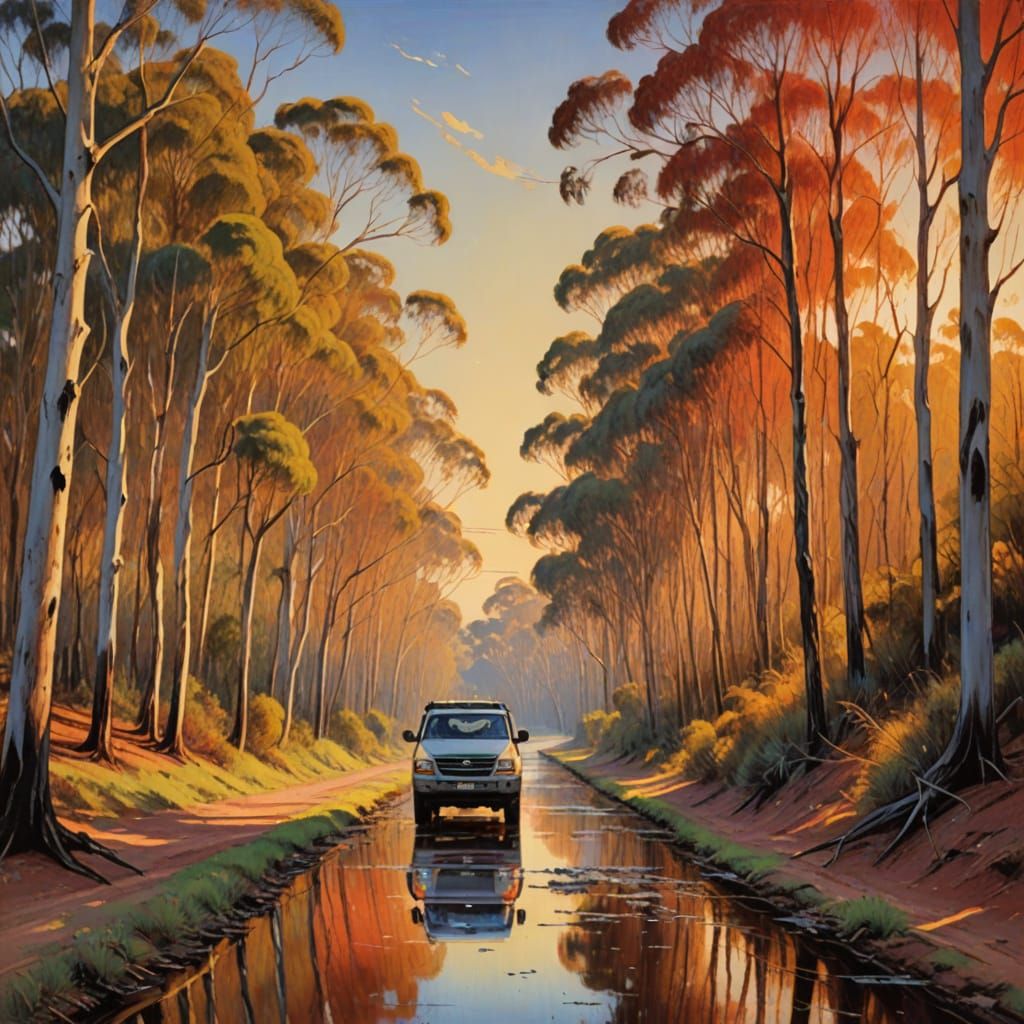 Golden Hour Eucalyptus Landscape with Winding Road and Sunse...