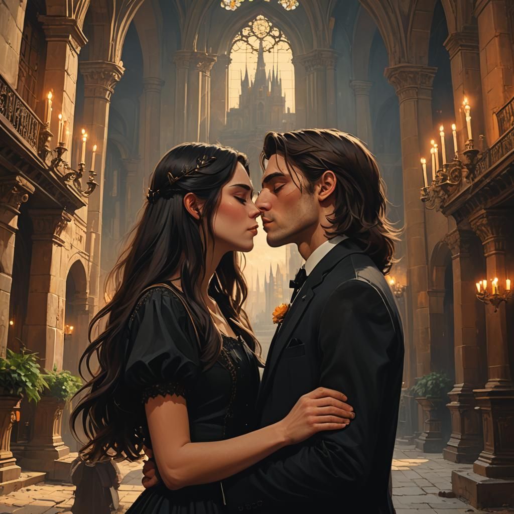 Romantic Castle Kiss in Matte Painting Style