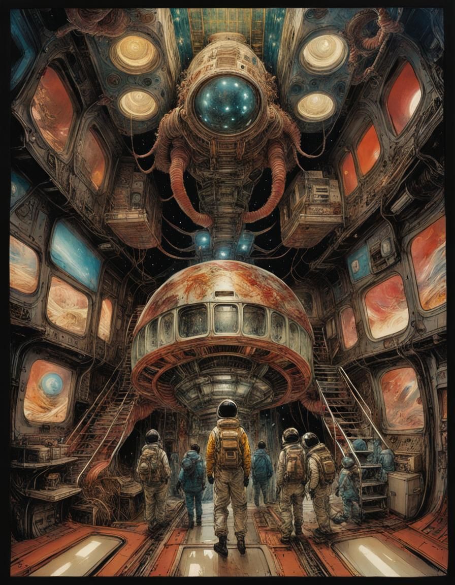 Grotesque Astronaut Family Exploring a Cosmic Spaceship