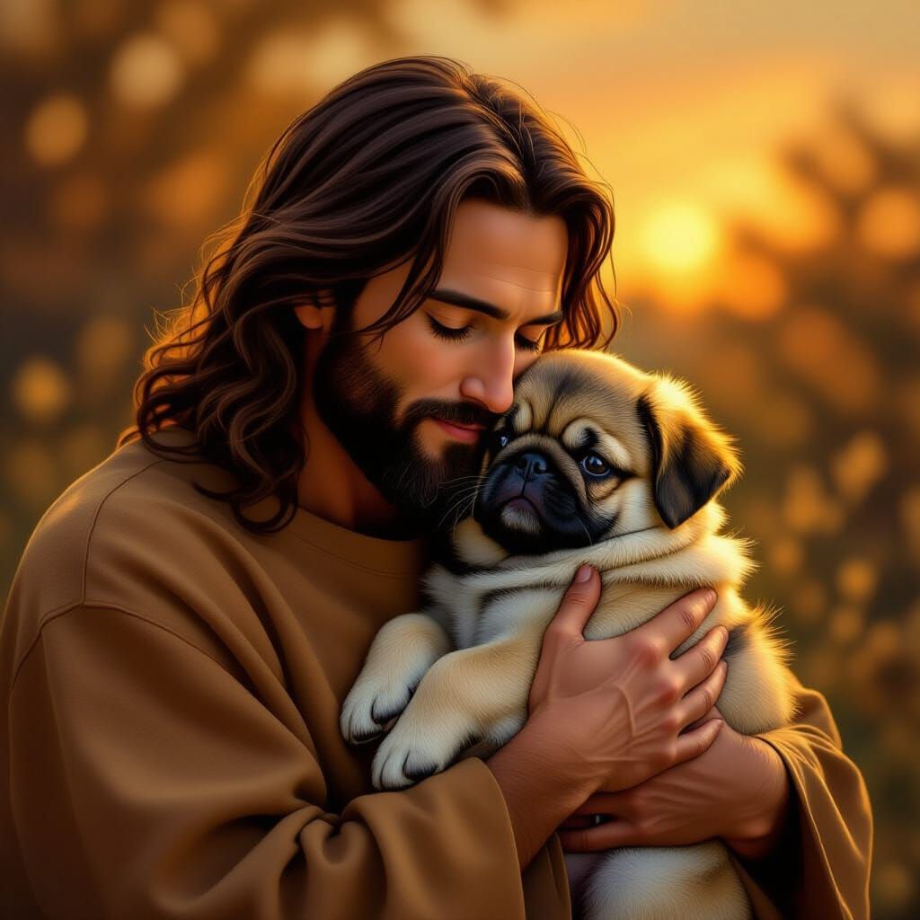 Jesus Christ Holding a Pug Puppy in Golden Hour Light