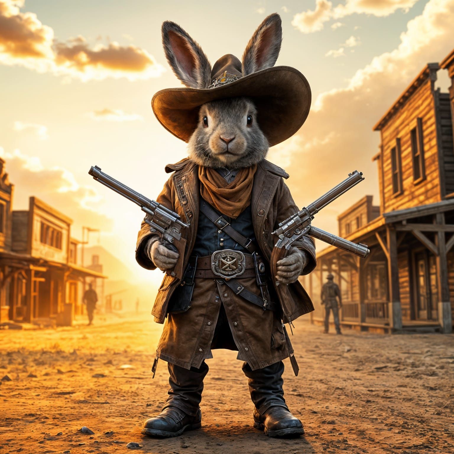 A bunny wearing a gun belt and holding six shooters on the o...
