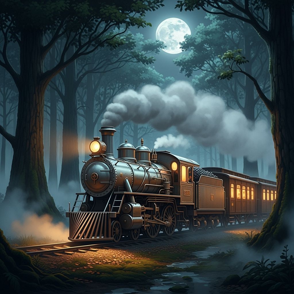 Vintage Steam Train Under Full Moon in Misty Forest