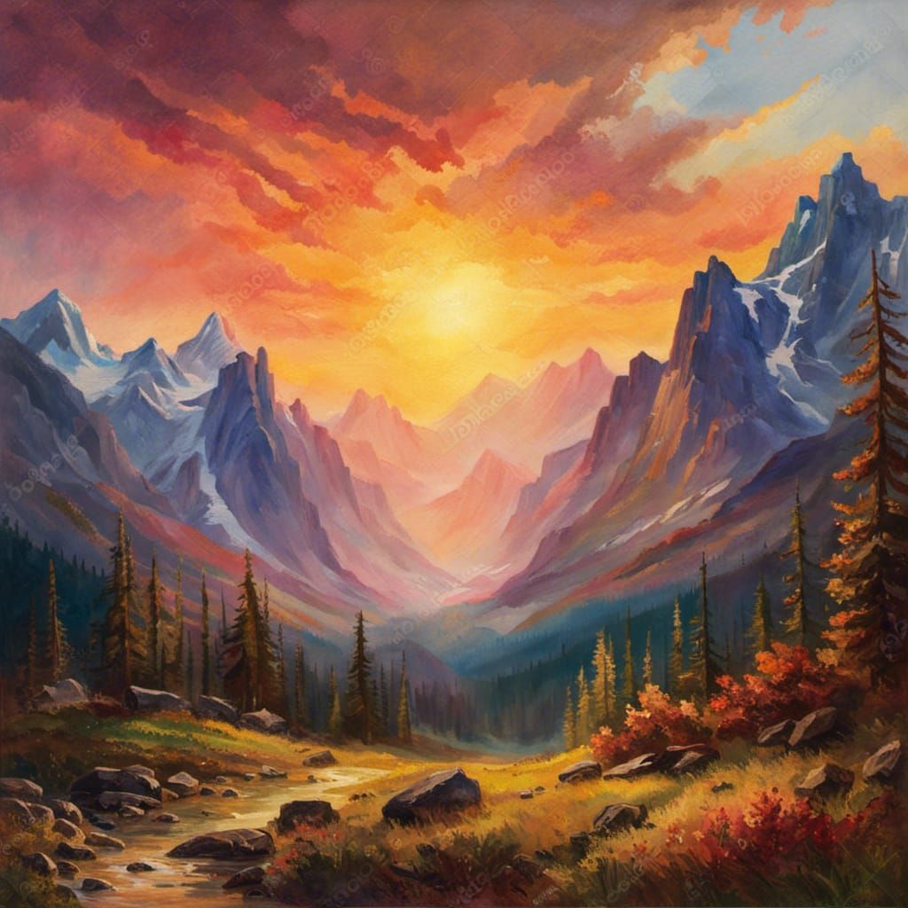 Mountain Sunrise Watercolor in Bierstadt Style