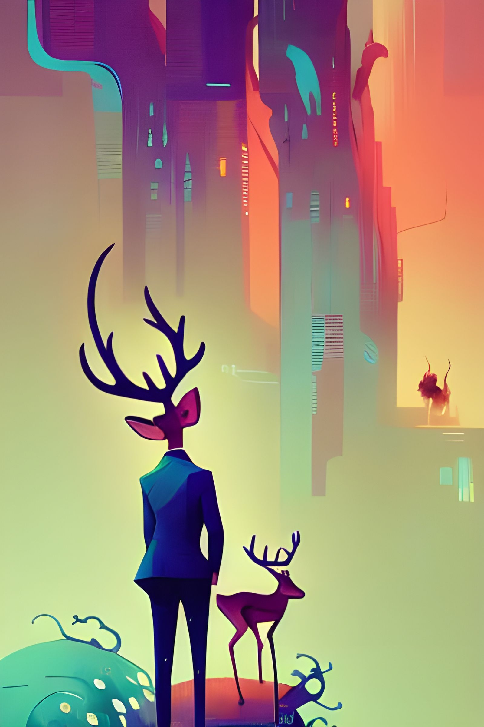 Deer Man in Cityscape: Composite Art Style