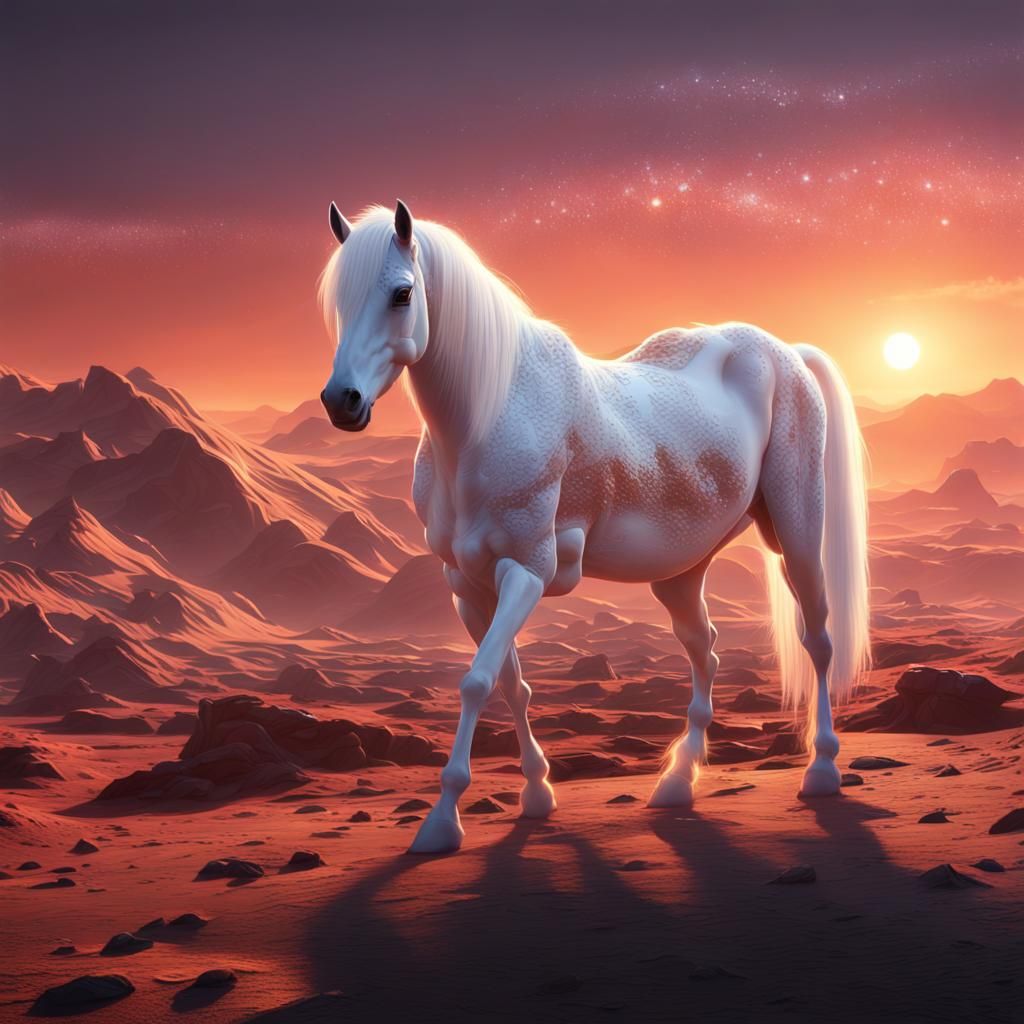 Futuristic White Mare on Alien Planet at Sunset
