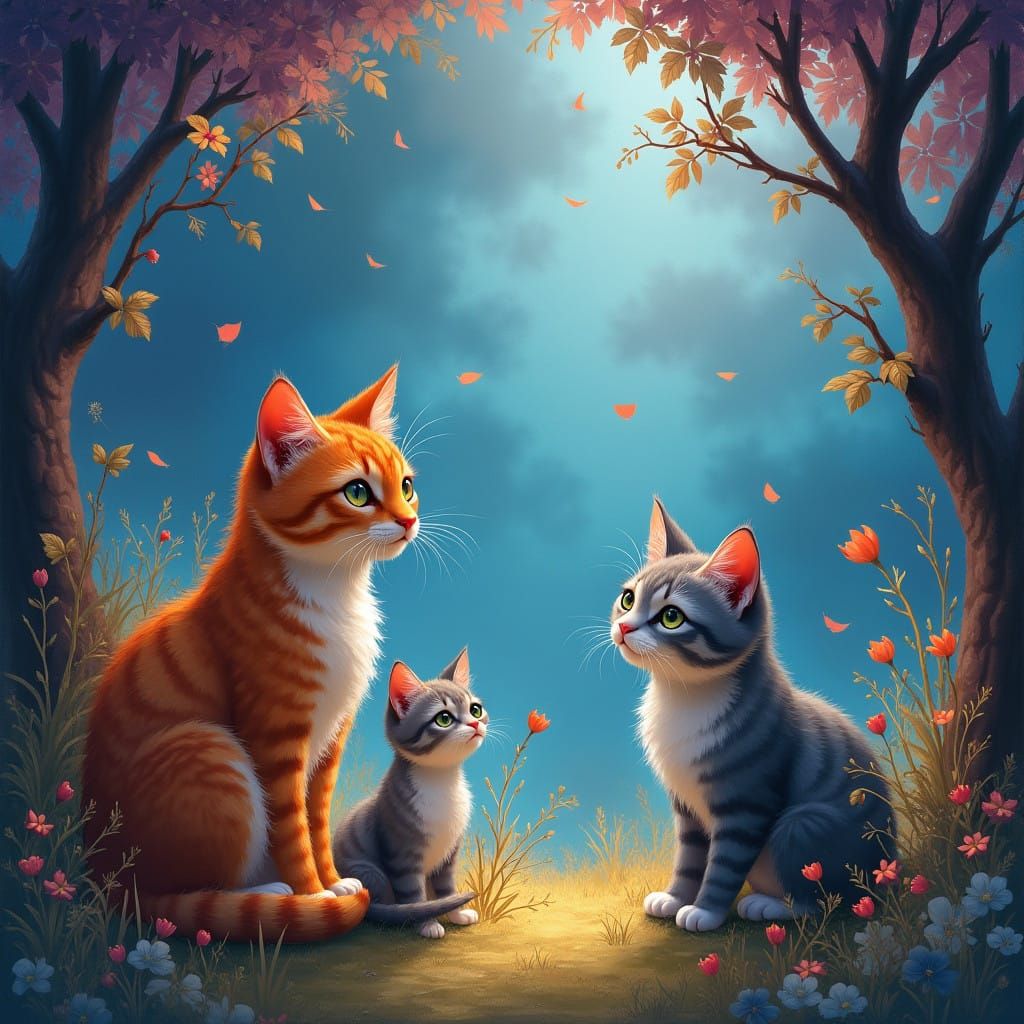 Dreamlike Whimsy of Cuddly Felines in Enchanted Landscapes