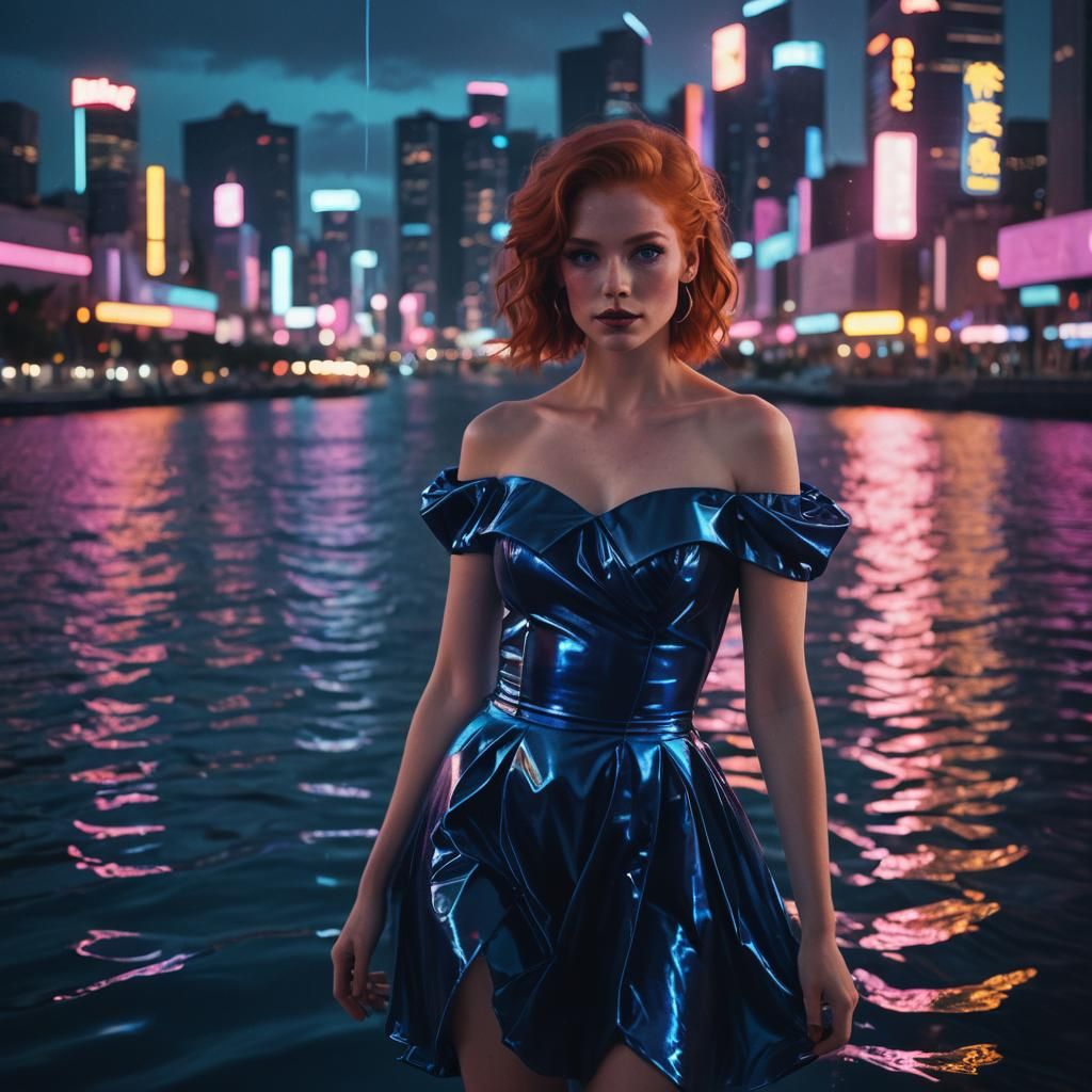 Synthwave Redhead in Neon Cityscape