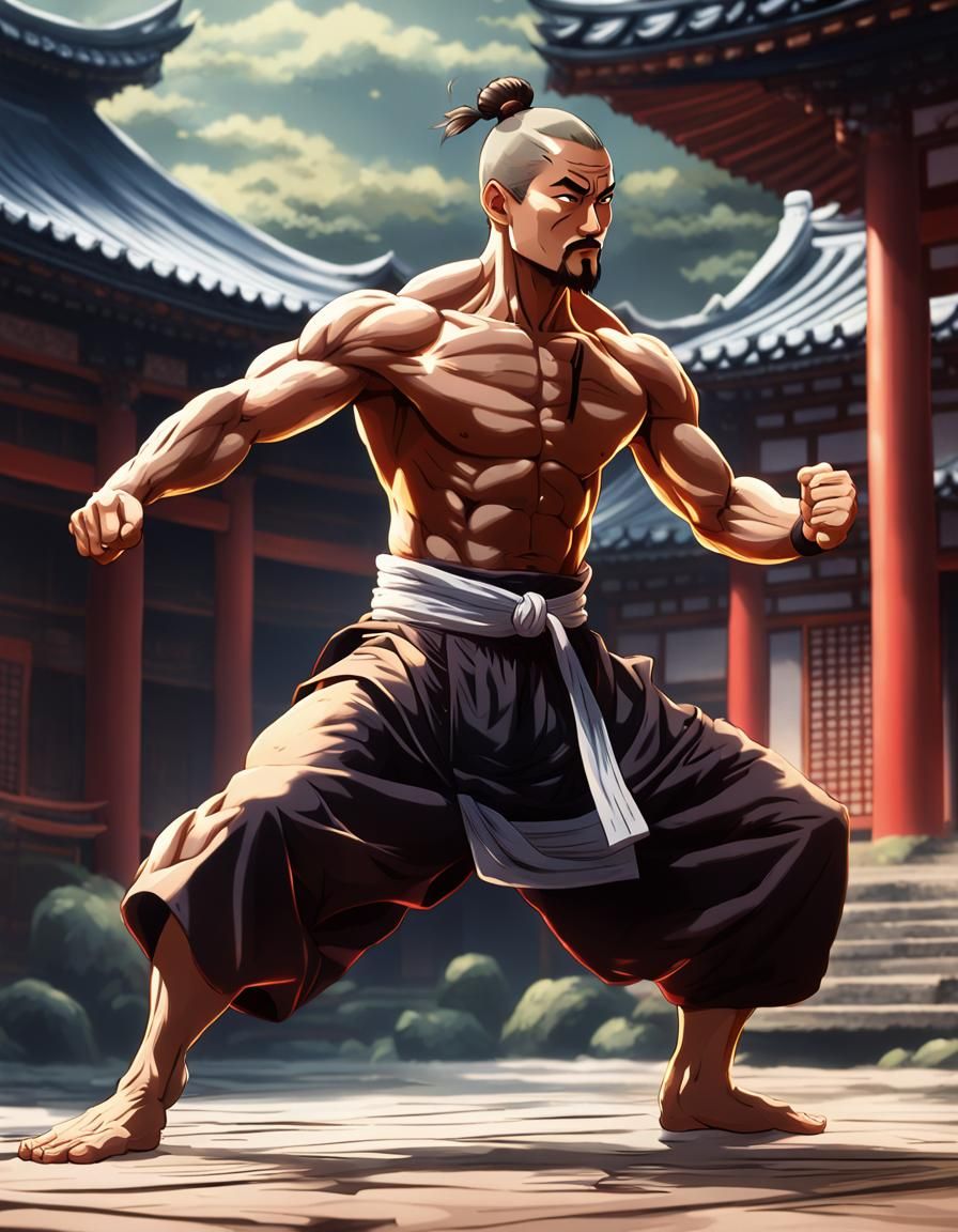 Muscular Japanese Monk Practicing Kung Fu in Anime Style
