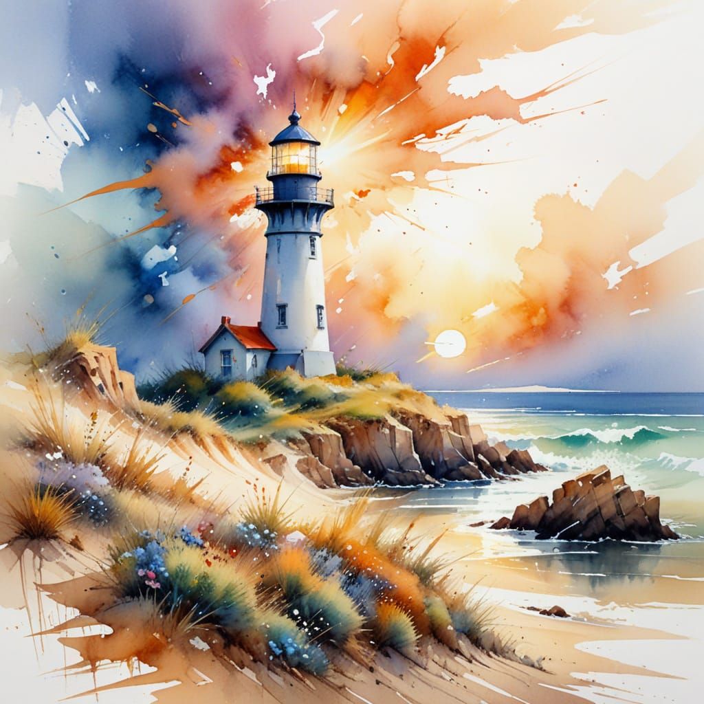 Coastal Lighthouse Landscape in Expressive Watercolour Style