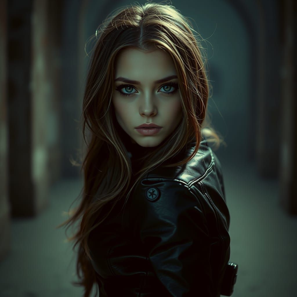 Captivating Green-Eyed Woman in Leather Attire