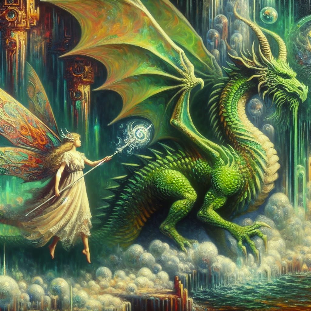 Fairy Protects Dragon in Surreal Oil Painting