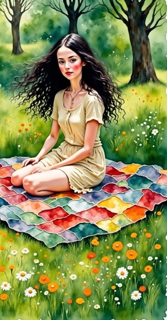 Boy Plays in Park in Art Nouveau Style