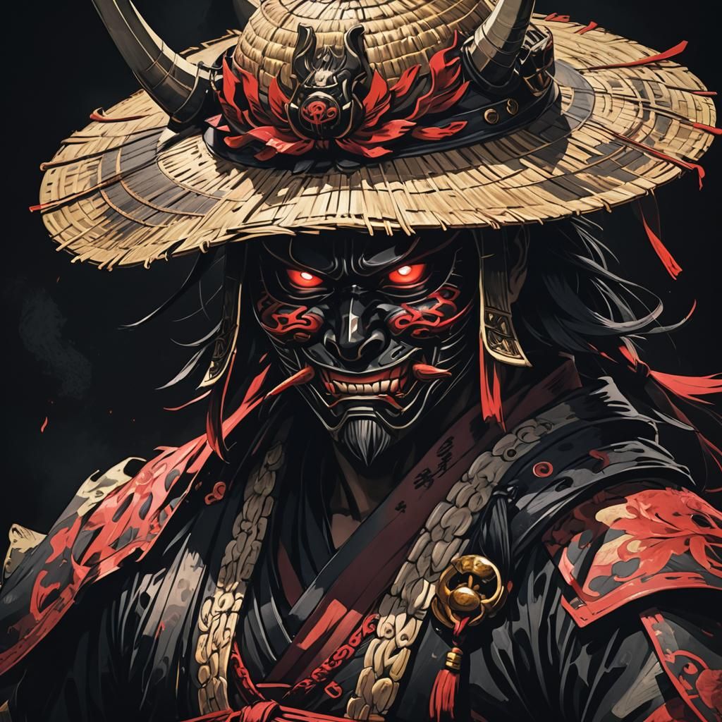 Samurai in Oni Mask and Straw Hat: Cel-Shaded Anime Art