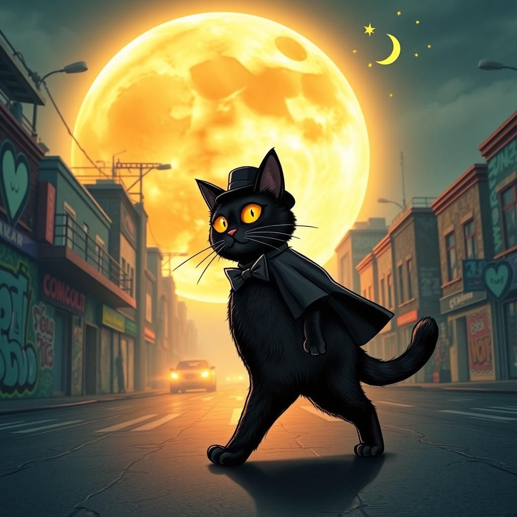 Black Cat Crossing Moon in Comic Style Outfit