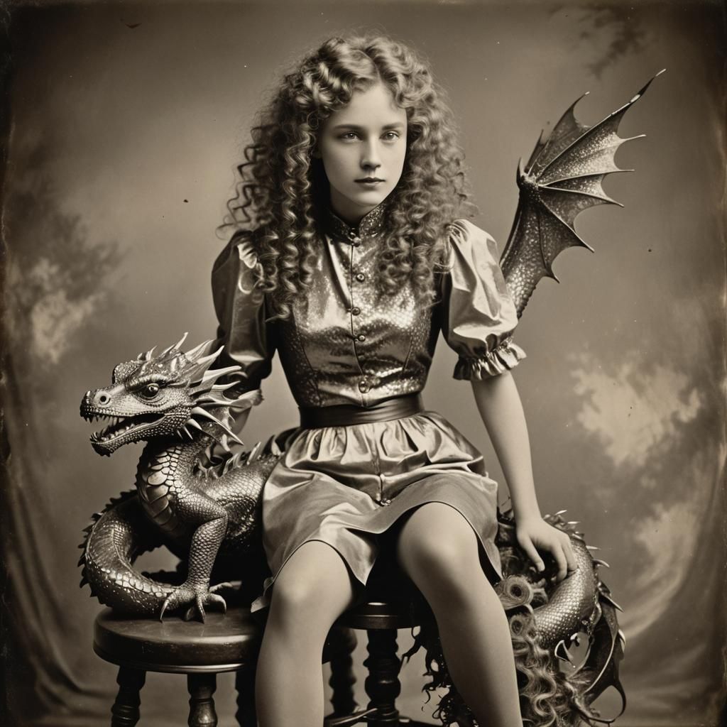 Woman with Dragon: Sepia Hyperrealistic Photograph