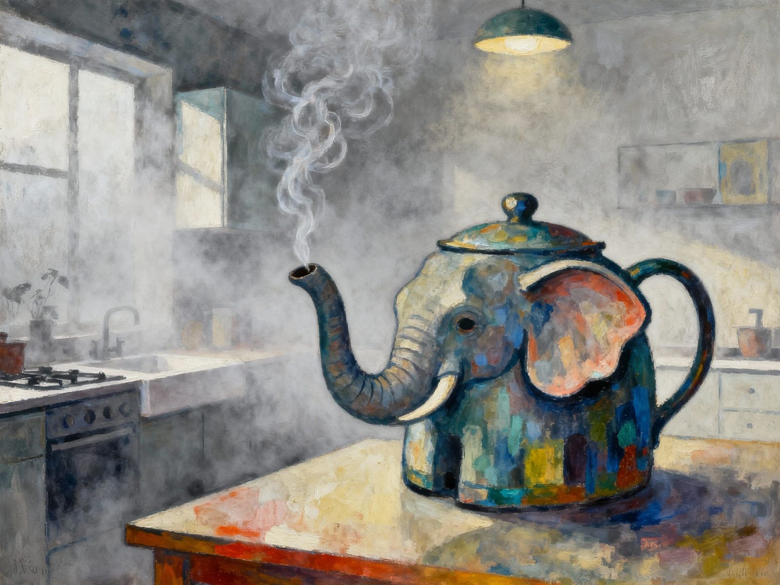 Surreal Mid-Century Kitchen Mist with Elephant Teapot