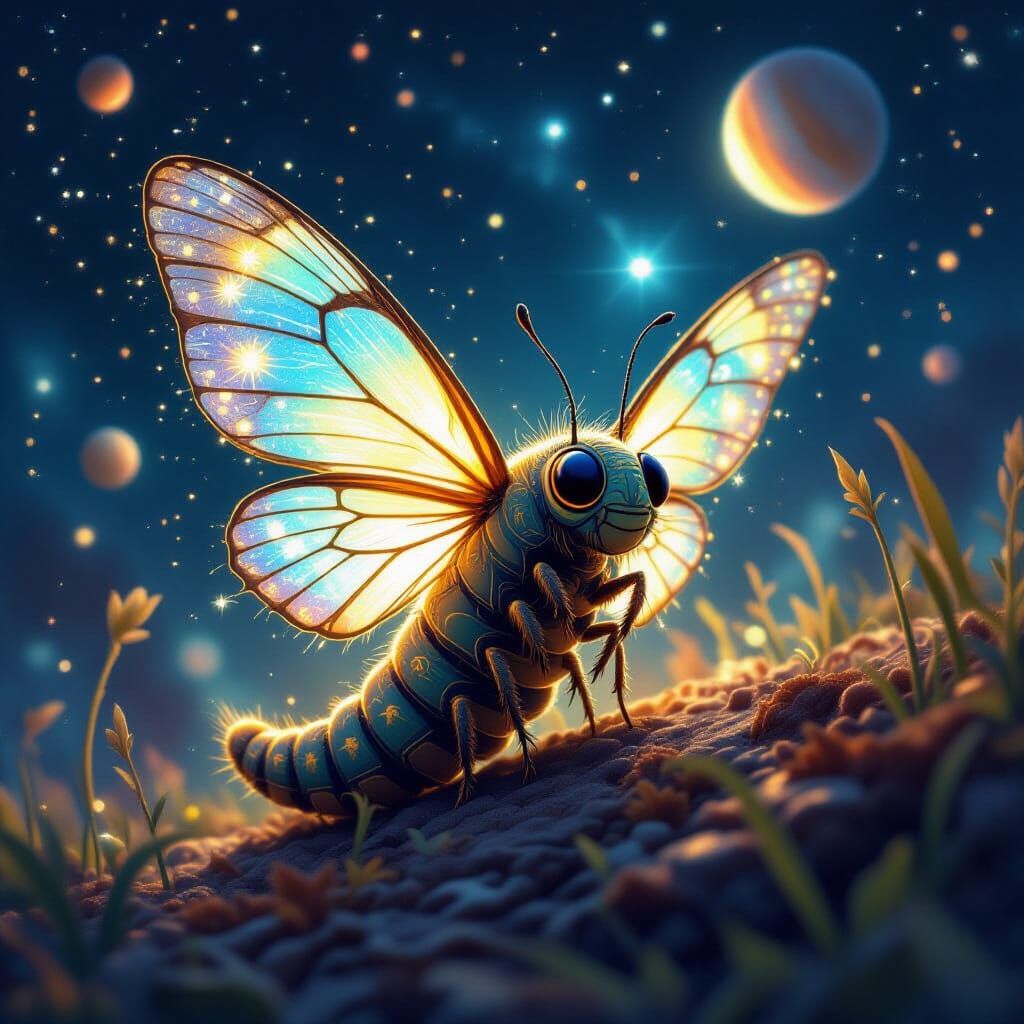 Caterpillar Weaving Wings from Stardust in Surreal Style